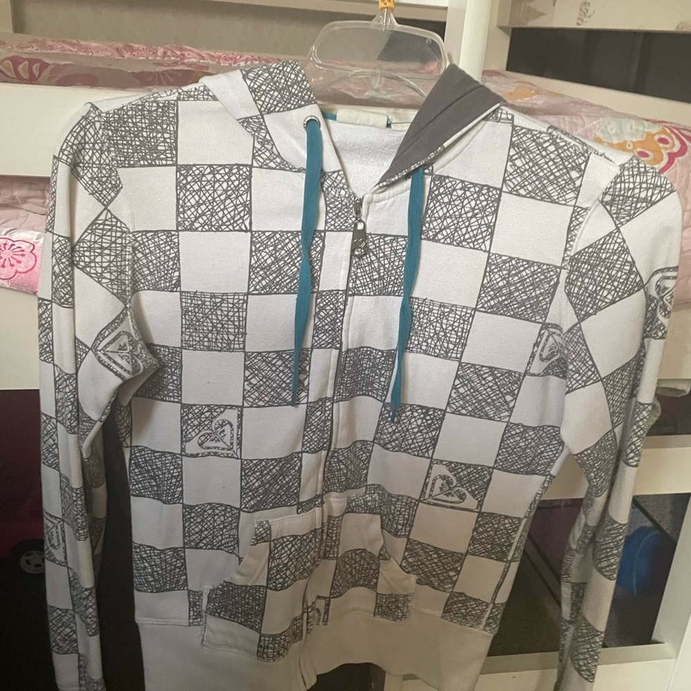 Roxy Black and White Checkered Zip-Up Sweater